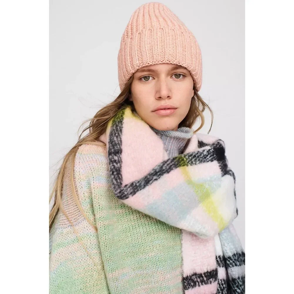 By Anthropologie Delaney Cozy Plaid Fringe Trim Blanket Scarf Pastel